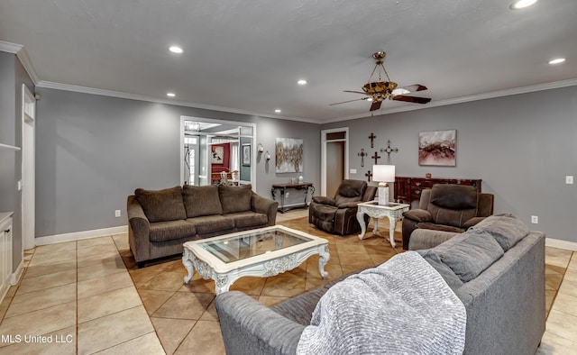 living area with ornamental molding, a ceiling fan, recessed lighting, and light tile patterned flooring