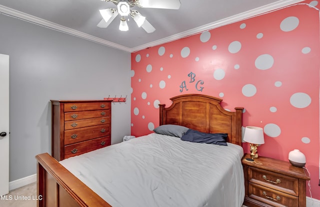 bedroom featuring baseboards, ornamental molding, and ceiling fan