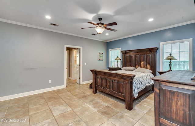 bedroom featuring crown molding, recessed lighting, and visible vents