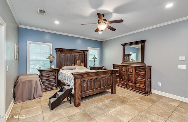 bedroom with crown molding, recessed lighting, baseboards, and visible vents