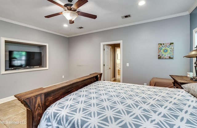 bedroom with ornamental molding, recessed lighting, and visible vents
