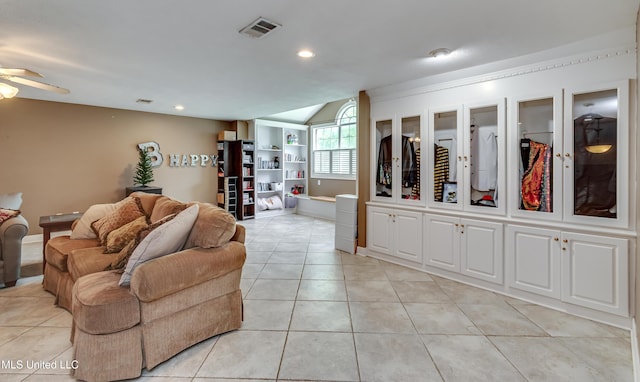 living room featuring recessed lighting, ceiling fan, visible vents, and light tile patterned floors