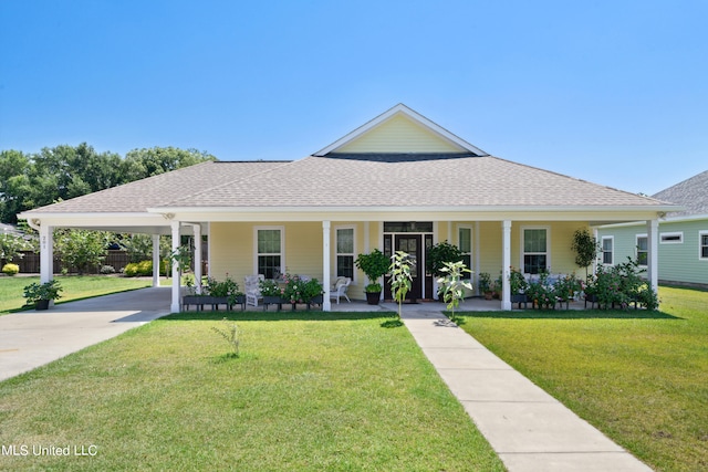 farmhouse-style home featuring a front lawn, covered porch, and a carport