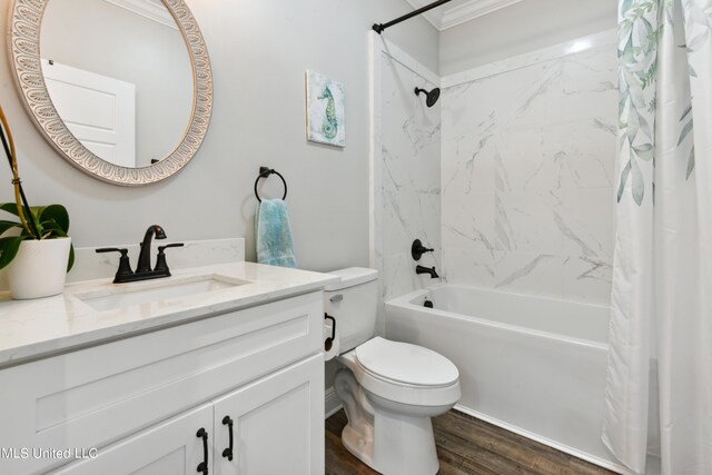 full bathroom with wood-type flooring, toilet, vanity, crown molding, and shower / bathtub combination with curtain