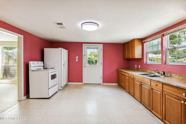 kitchen with plenty of natural light, white appliances, and sink