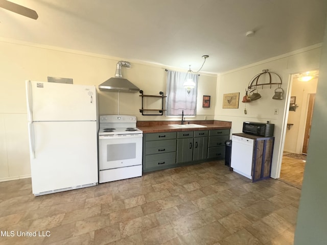 kitchen featuring wood counters, wall chimney exhaust hood, white appliances, sink, and gray cabinets