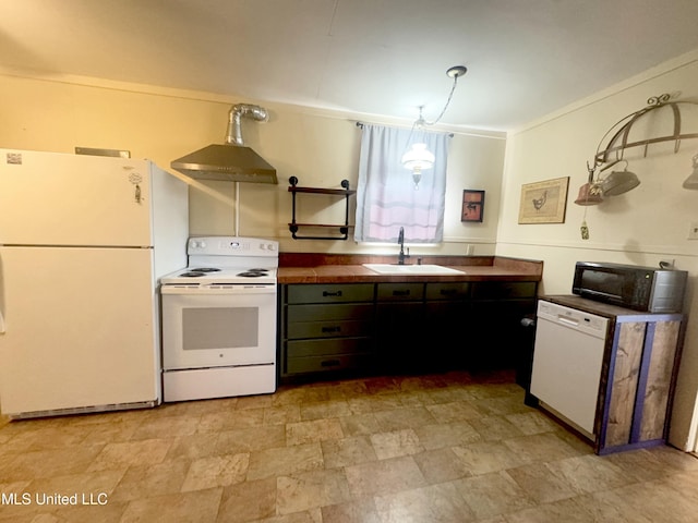 kitchen with dark brown cabinets, white appliances, sink, and exhaust hood