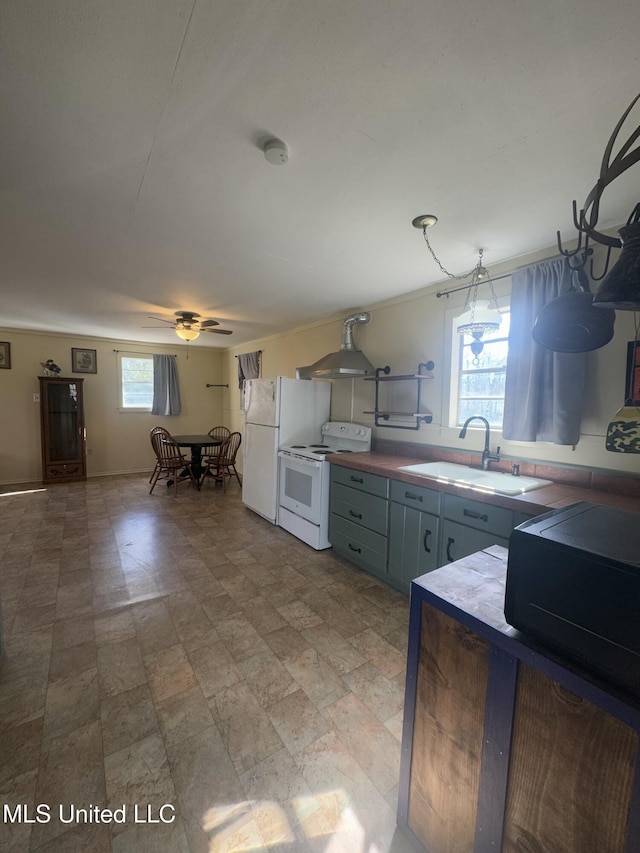 kitchen with ceiling fan, white electric range, and sink