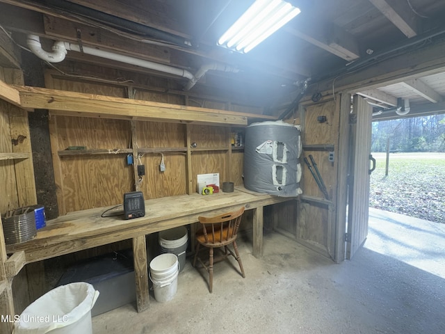 basement featuring a workshop area and wooden walls