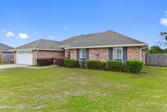 single story home featuring fence, an attached garage, concrete driveway, and roof with shingles