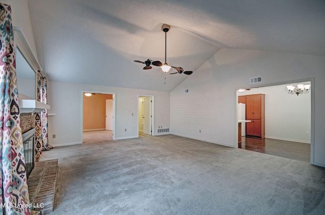 unfurnished living room featuring dark colored carpet, high vaulted ceiling, a fireplace, and ceiling fan