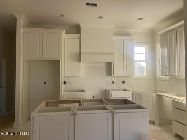 422 Baleigh Way, Canton, MS 39046 - kitchen with a kitchen island, white cabinets, premium range hood, and crown molding
