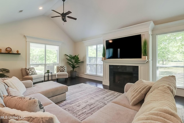 8521 Julia Dr, Vancleave, MS 39565 - living room featuring high vaulted ceiling, a ceiling fan, a fireplace, visible vents, and recessed lighting
