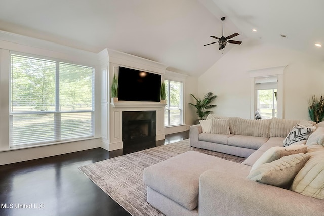 8521 Julia Dr, Vancleave, MS 39565 - living area featuring a ceiling fan, a fireplace, recessed lighting, and high vaulted ceiling