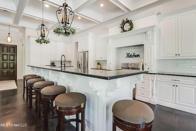 8521 Julia Dr, Vancleave, MS 39565 - kitchen with dark countertops, tasteful backsplash, finished concrete floors, and stainless steel fridge with ice dispenser