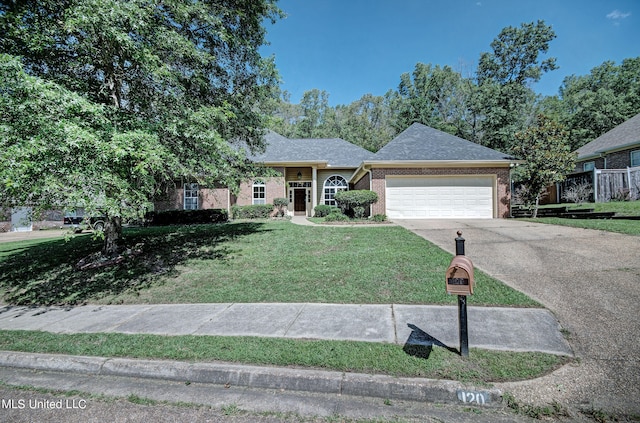 ranch-style house with a front lawn and a garage