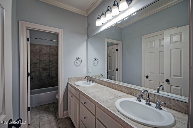 full bathroom featuring bathing tub / shower combination, toilet, tile patterned floors, vanity, and ornamental molding