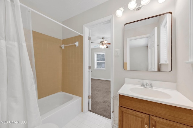 8279 Dunn Ln, Olive Branch, MS 38654 - full bathroom with vanity, shower / bath combination with curtain, tile patterned floors, and a ceiling fan