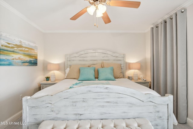 bedroom with baseboards, ceiling fan, and crown molding