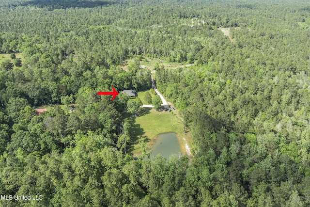bird's eye view featuring a water view and a forest view