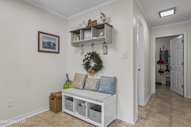 mudroom featuring crown molding and baseboards
