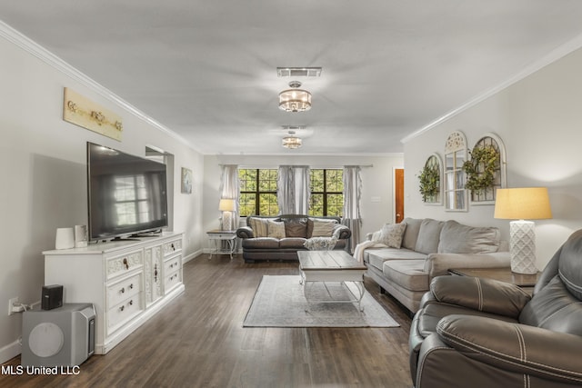 living room with baseboards, ornamental molding, dark wood-style floors, and visible vents