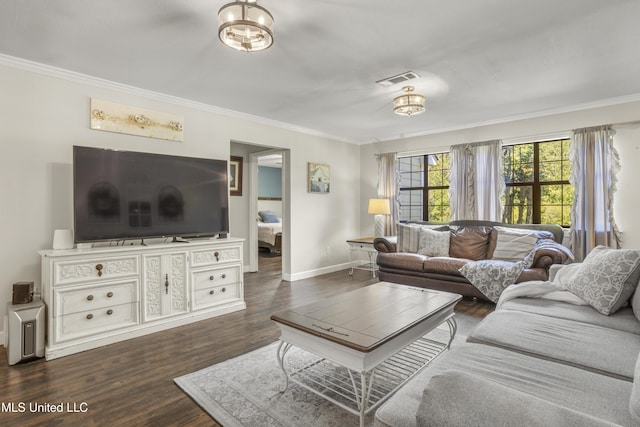 living area featuring baseboards, ornamental molding, visible vents, and dark wood-type flooring