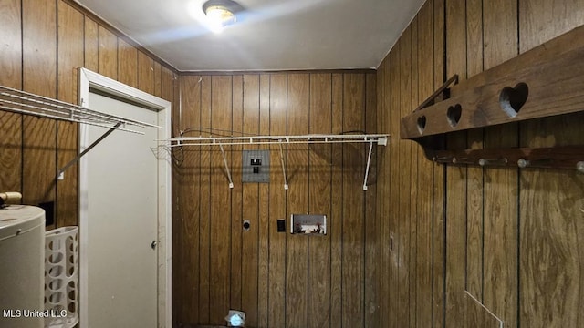 210 Ford St, Como, MS 38619 - laundry room featuring washer hookup, wooden walls, and water heater