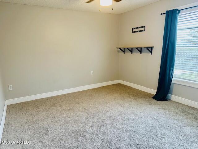 spare room featuring carpet flooring, a textured ceiling, and ceiling fan