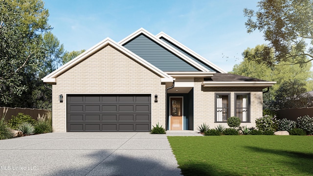 view of front of house featuring brick siding, a front lawn, fence, concrete driveway, and a garage