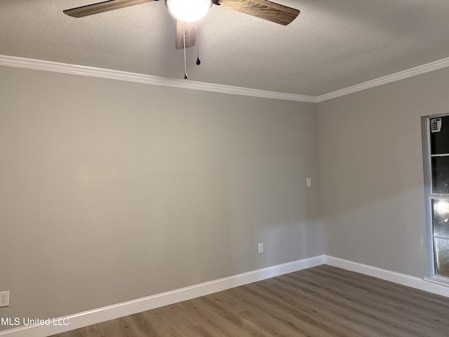 unfurnished room with hardwood / wood-style flooring, ceiling fan, ornamental molding, and a textured ceiling