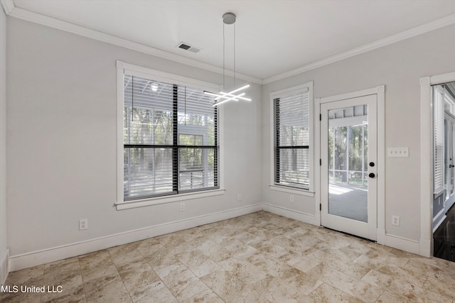 3555 Bonner Dr, Olive Branch, MS 38654 - unfurnished dining area with ornamental molding, visible vents, an inviting chandelier, and baseboards