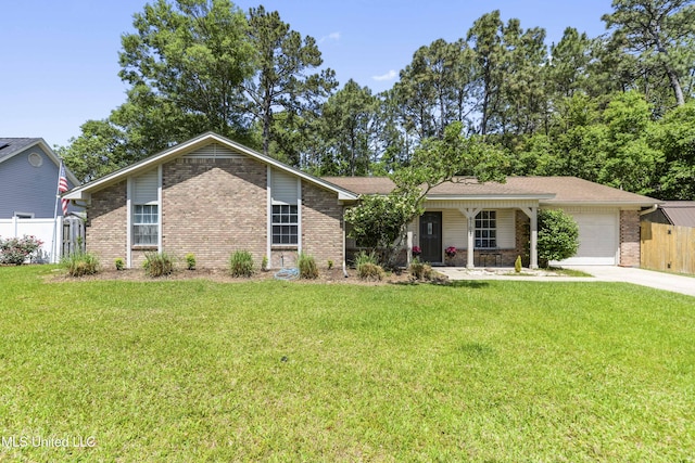 ranch-style home featuring a garage, fence, a front lawn, and brick siding