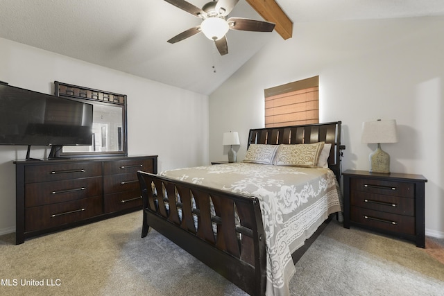 bedroom featuring baseboards, ceiling fan, light colored carpet, and vaulted ceiling with beams