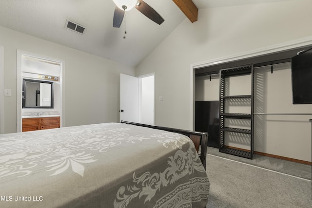 bedroom with carpet, a ceiling fan, vaulted ceiling with beams, visible vents, and a closet