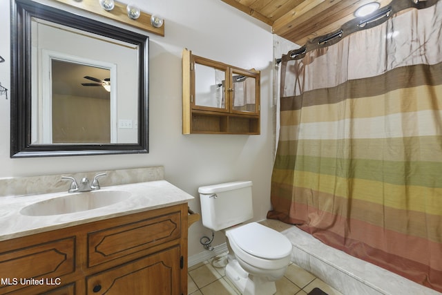 full bath featuring vanity, curtained shower, toilet, tile patterned floors, and wooden ceiling