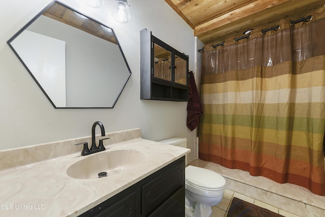 bathroom with wood ceiling, a shower with curtain, tile patterned flooring, vanity, and toilet
