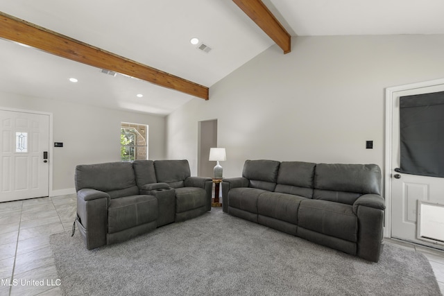 living area featuring recessed lighting, baseboards, visible vents, and vaulted ceiling with beams