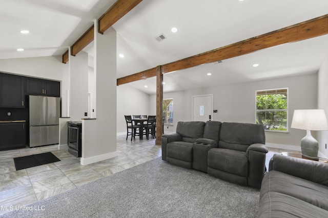 living area with recessed lighting, baseboards, visible vents, and lofted ceiling with beams