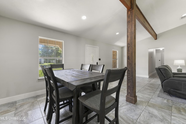 dining area with baseboards, recessed lighting, visible vents, and vaulted ceiling with beams