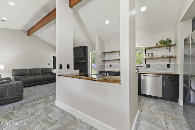 kitchen with decorative backsplash, open shelves, stainless steel dishwasher, lofted ceiling with beams, and marble finish floor