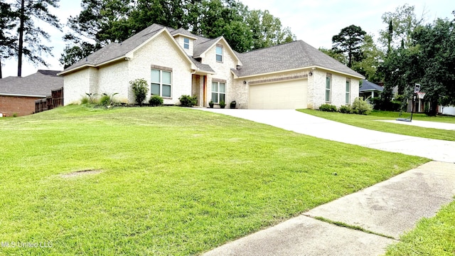 580 Hickory Pl, Brandon, MS 39047 - traditional-style house with brick siding, a garage, a front lawn, and concrete driveway