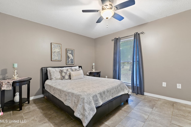 bedroom featuring a textured ceiling and ceiling fan