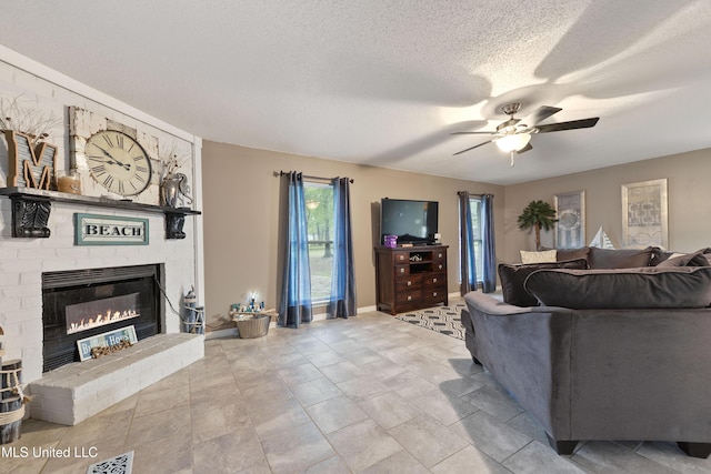 1160 Lucas Rd, Lucedale, MS 39452 - living room featuring a brick fireplace, ceiling fan, and a textured ceiling