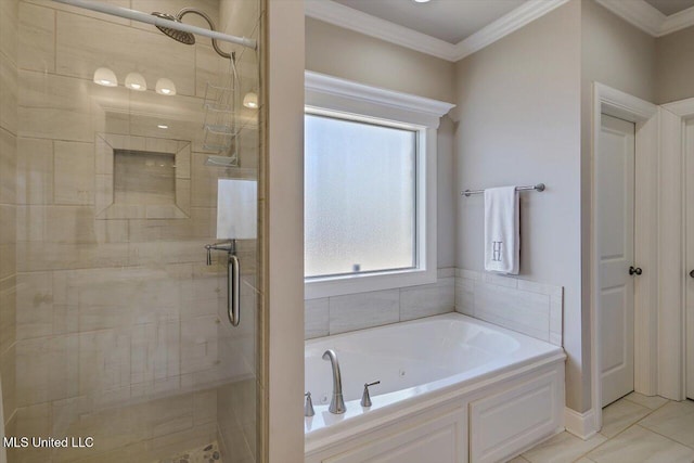 full bathroom with a stall shower, crown molding, and a bath