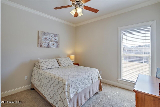 bedroom with ornamental molding, multiple windows, and light colored carpet