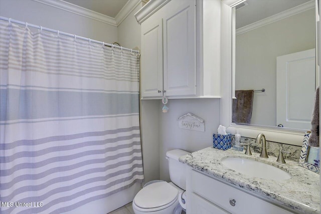 bathroom featuring curtained shower, visible vents, toilet, ornamental molding, and vanity