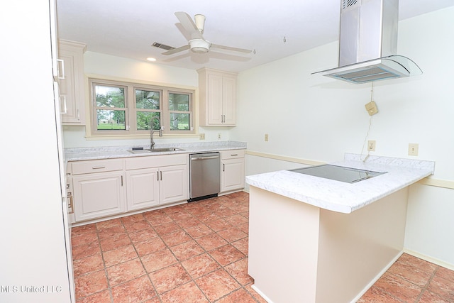 kitchen featuring a sink, ventilation hood, dishwasher, black electric cooktop, and a peninsula