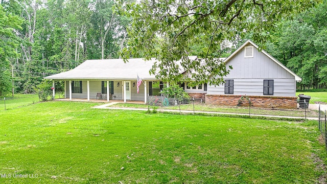 ranch-style house with a porch and brick siding