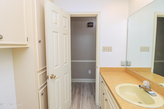 bathroom with wood finished floors and vanity